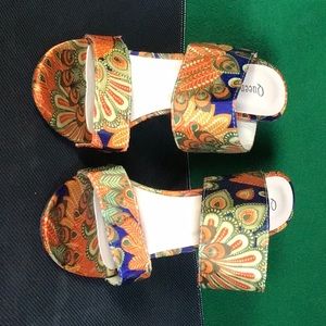 Queen Shoes orange, green and blue print high heel shoes